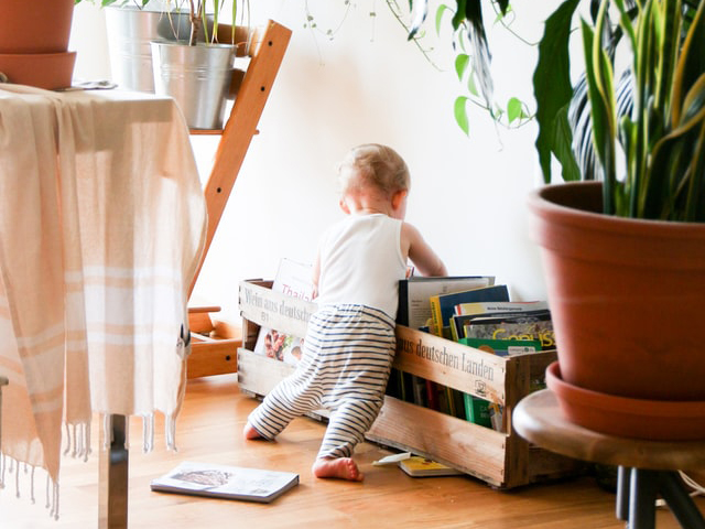 Toddler reaching behind bookcase - Credit Brina Blum on Unsplash