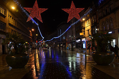 Cardiff street with Christmas lights