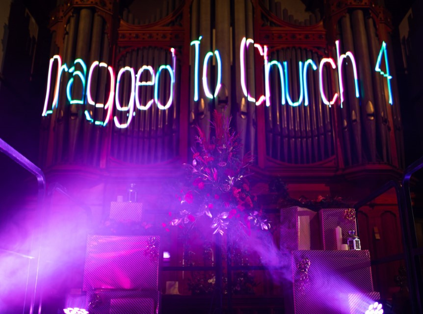 Dragged to Church 4 in lights on organ pipes
