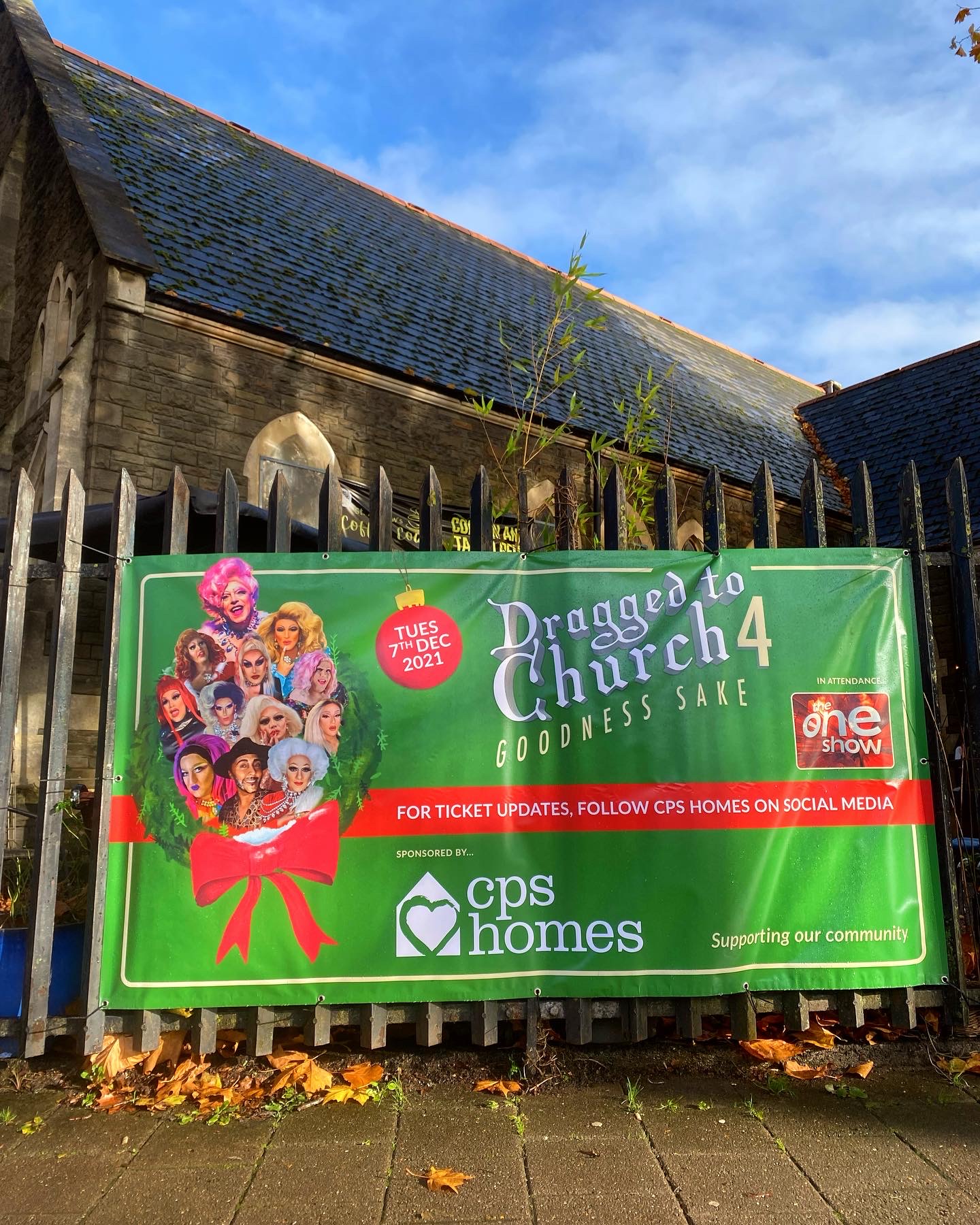 Dragged to Church banner outside St Andrews Church